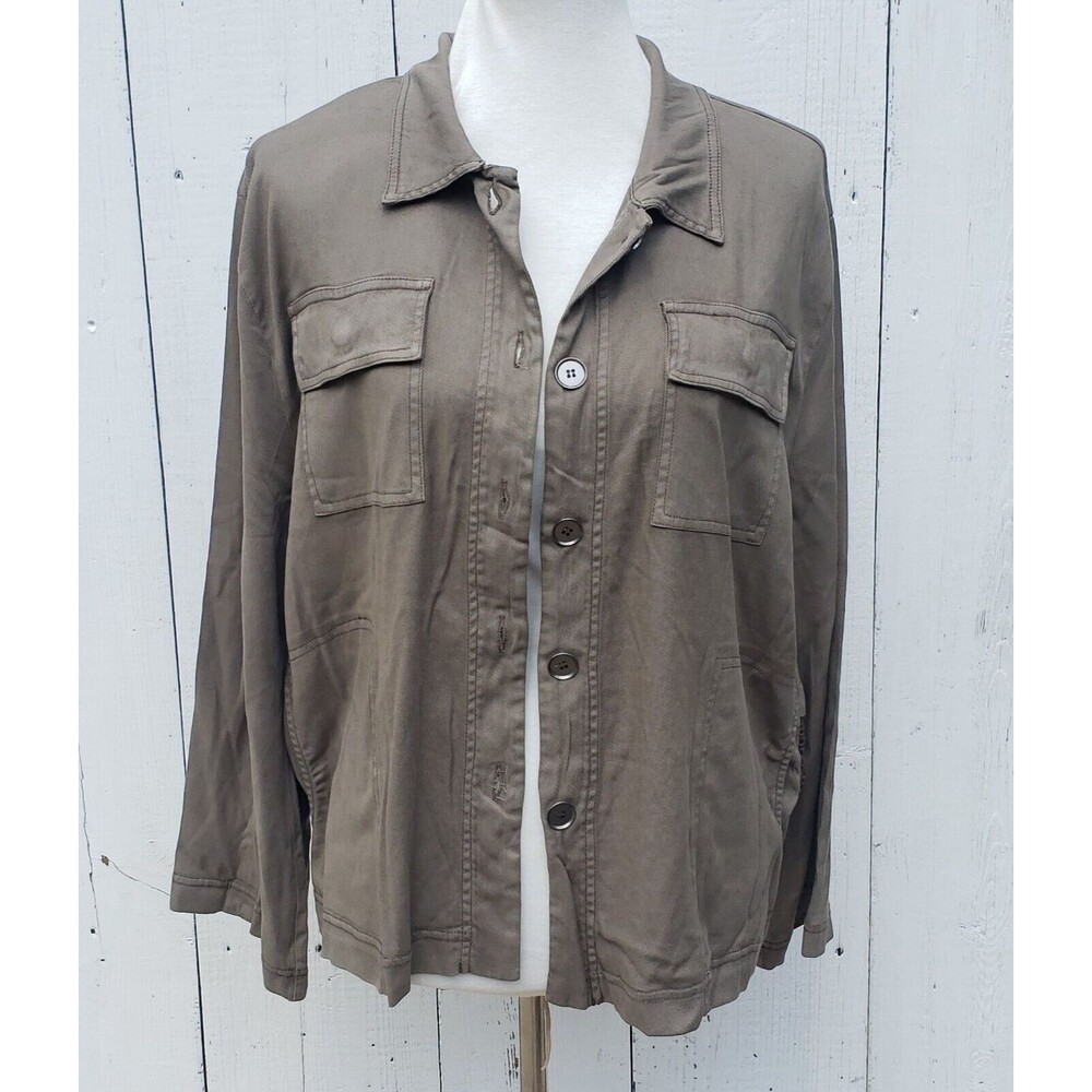 XCVI Women Army Green Long Sleeve Collared Button Up Eyelet Jacket Sz L - Picture 2 of 11